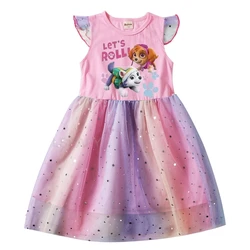 New Summer PAW PATROL Dress Baby Girls Princess Dresses Kids Cartoon Flying Sleeves Wedding Party Dress Pink White Sky Blue