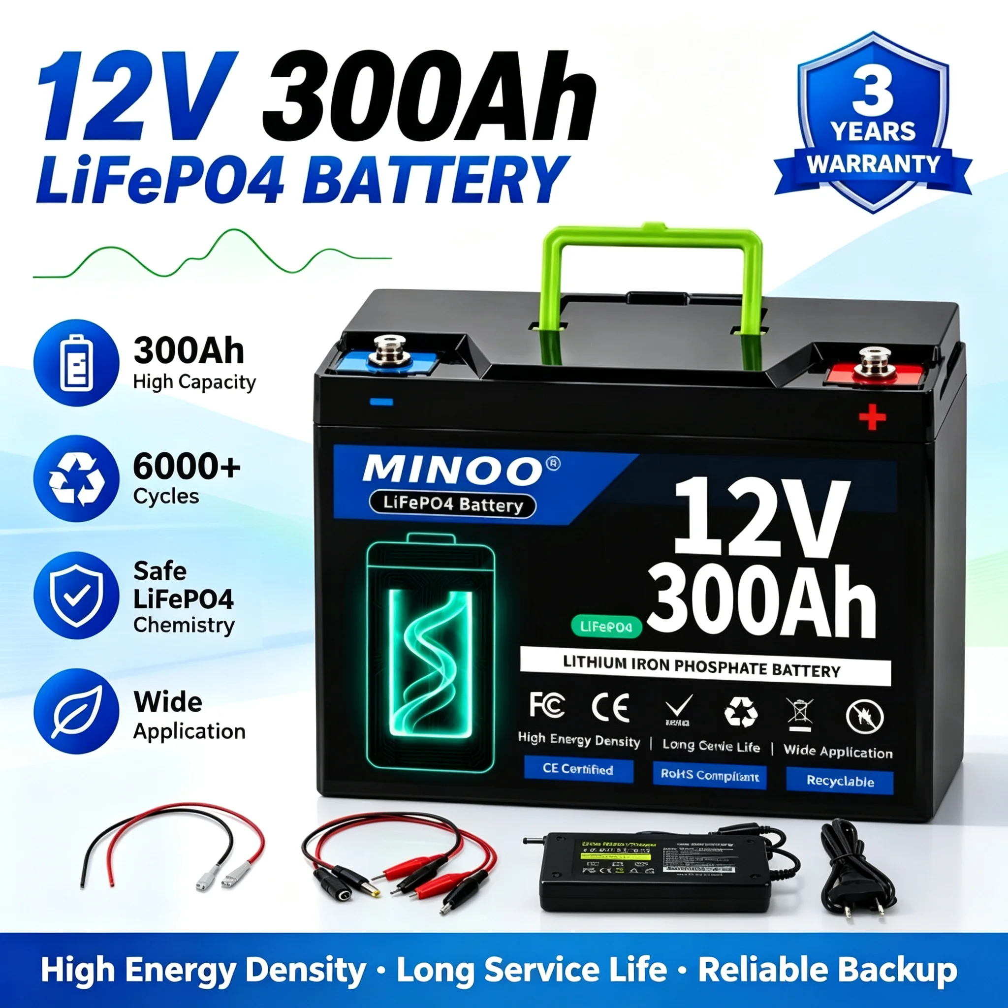 12V 300Ah 200Ah Lithium LiFePO4 Battery Built-in 300A BMS High Capacity Deep Cycle Battery for RV Solar Marine Backup Power