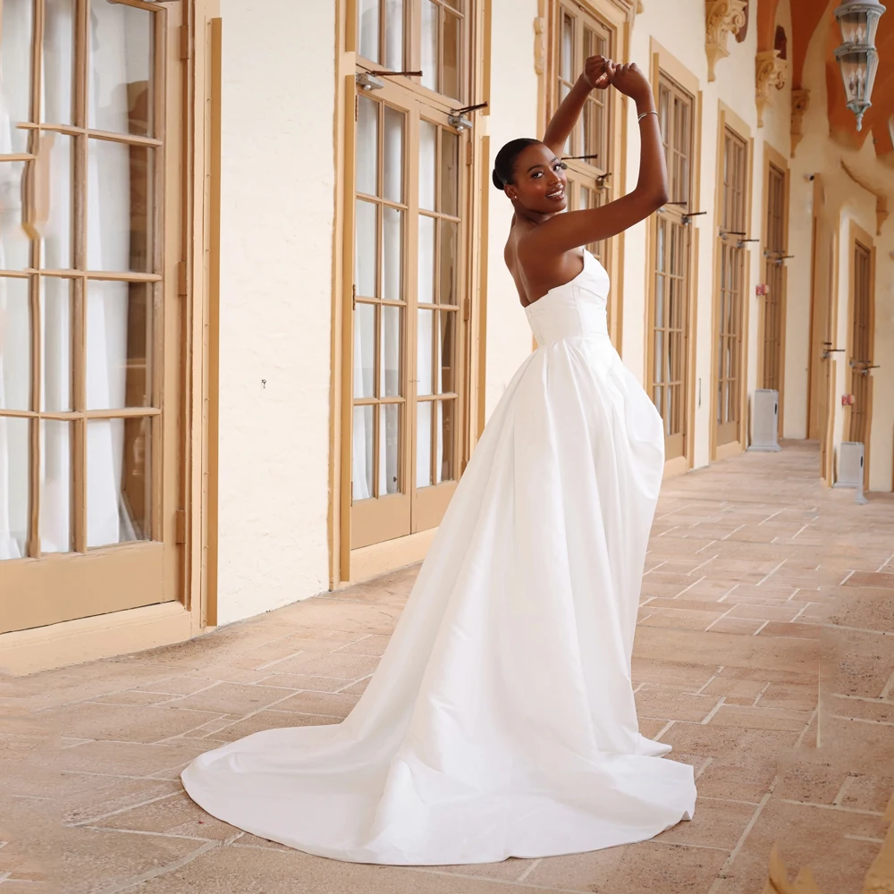 MCDV Customized A Line Wedding Gown For Women Strapless Pleat Ivory Satin Bride Party Gowns Backless Simple vestido de novia