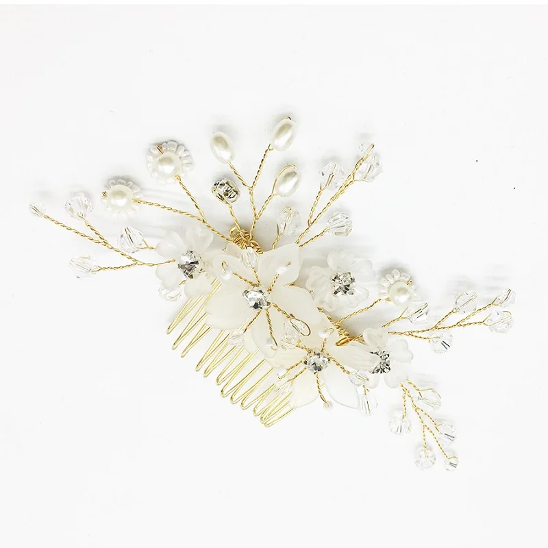 حساسة زهرة الزفاف الذهب الشعر مشط اللؤلؤ والمجوهرات اليدوية الزفاف خوذة النساء الزفاف حفلة موسيقية إكسسوارات الشعر #5