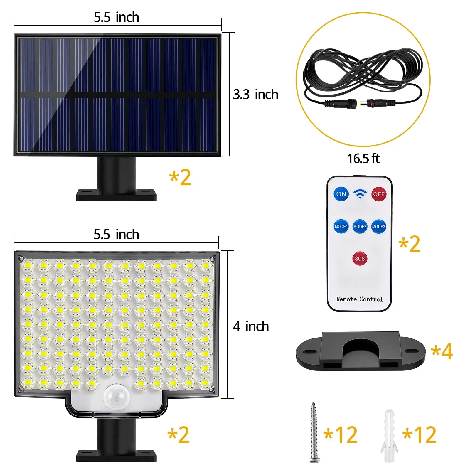 Solar Lights Outdoor 106 LED 3000LM Solar Powered Motion Sensor Flood Lights with Remote Security Wall Light with 16.5Ft Cable