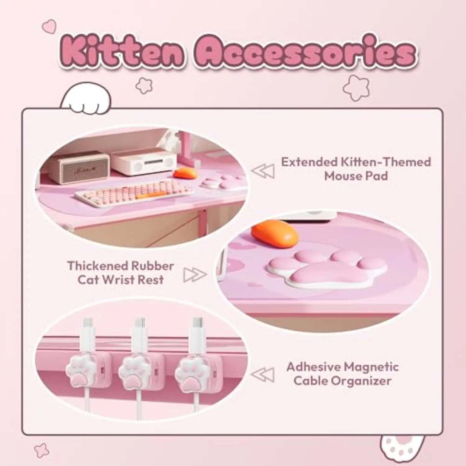 L-Shaped Gaming Desk Cute with Cat Accessories, Built-In Power Outlet, Monitor Shelf and Side Storage – Sturdy Metal Frame Fo