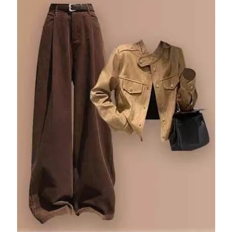 Lente Herfst Veelzijdige Jeugdige Vrouwen Nieuwe Trendy Stijlvolle Lange mouwen High-end Jas Hoge taille Wijde pijpen Broek Tweedelige set