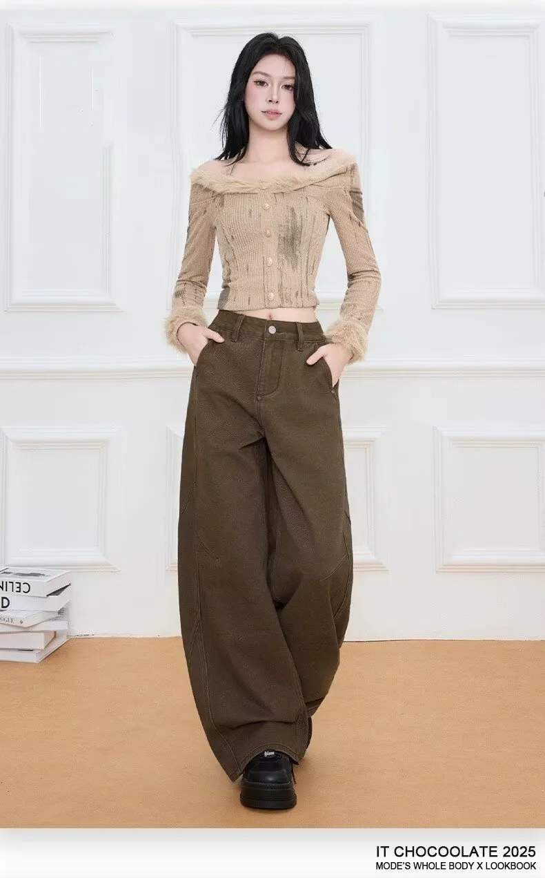 Celana jeans coklat melengkung bergaya retro Amerika yang serbaguna dan baru, cocok untuk pria dan wanita, celana longgar berkaki lebar bergaya Y2k Harajuku