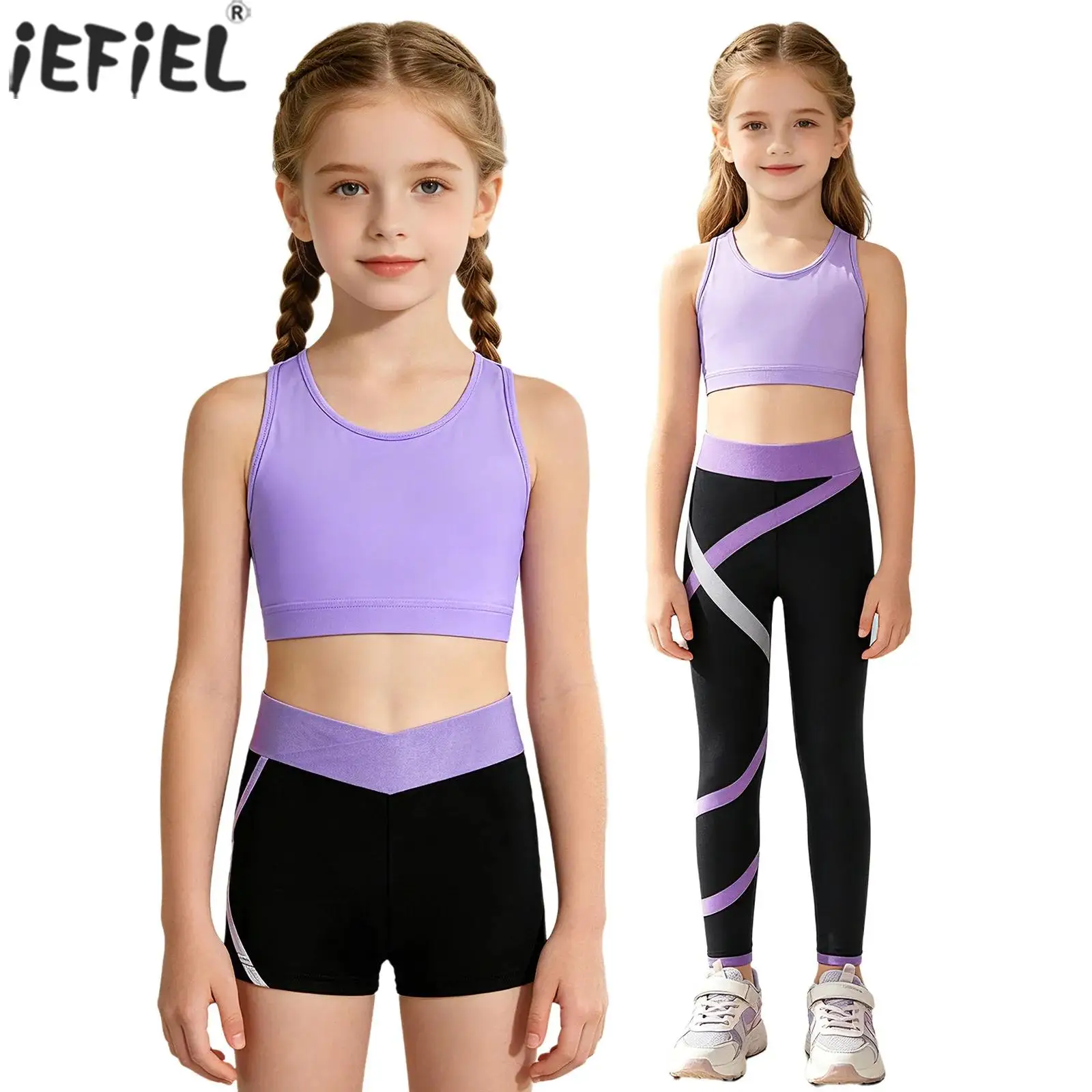 Kids Girls 3Pcs Sports Outfit U Neck Cross Back Keyhole Crop Top Vest with Athletic Pants Shorts for Gym Running Workout Yoga
