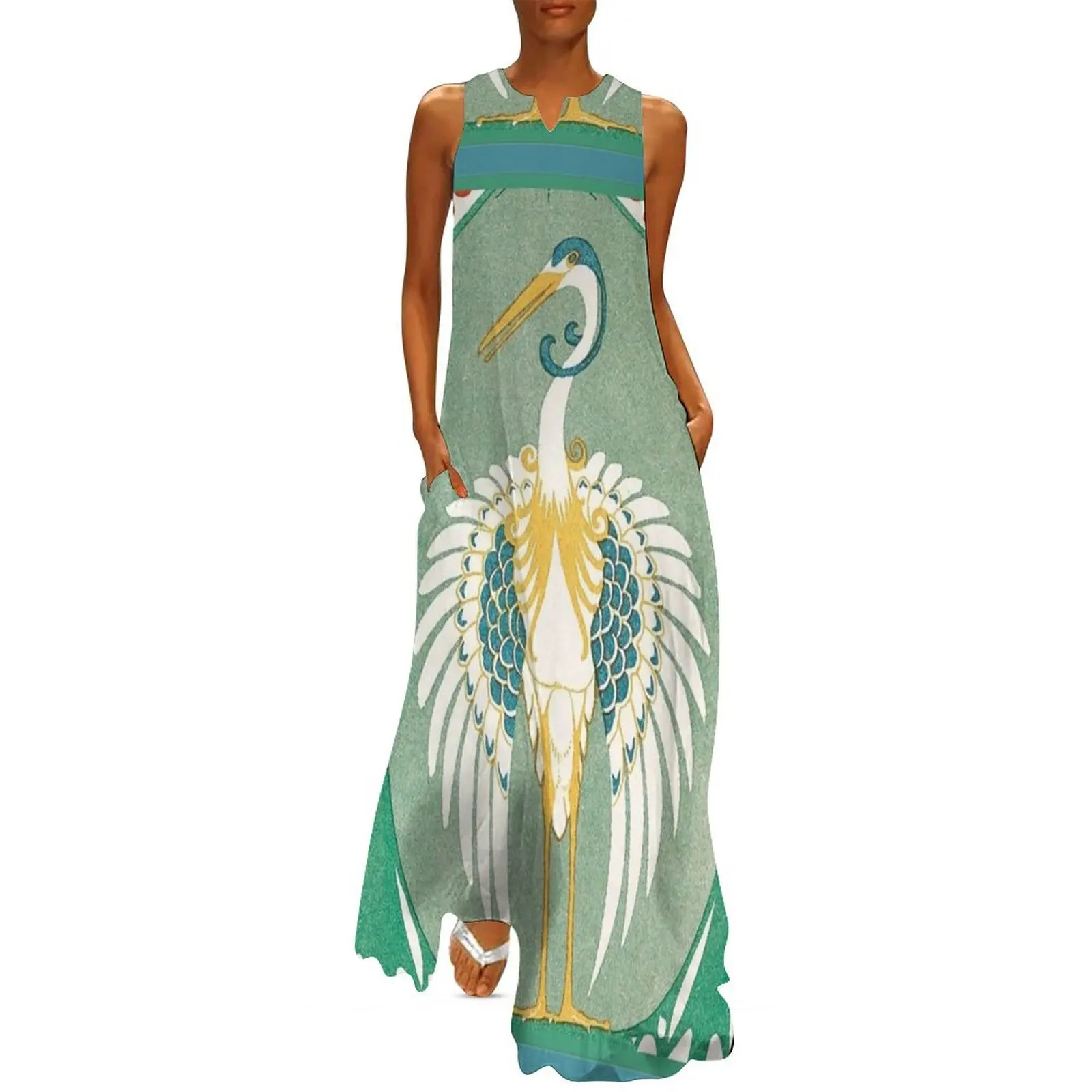 

ART NOUVEAU CRANE BIRD WITH STYLIZED FLORAL IN WHITE BLUE GREEN YELLOW Long Dress dress for women summer Dress