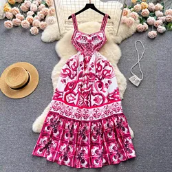 Summer Holiday Red Blue And White Porcelain Print Runway Dress For Women V Neck Backless Cup Padded Zip Spaghetti Strap Camisole