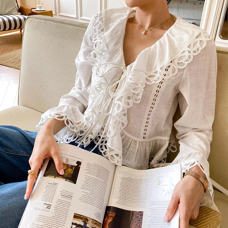 

Blouses Women Shirt Turn Down Collar Full Sleeve Tops Lace Hollow Out Solid Y2k Streetwear Elegant Splice Shirts 2026 Spring