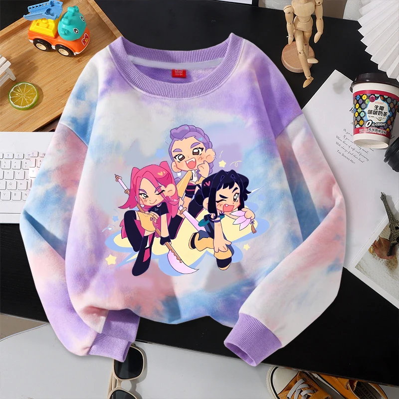 Move K-Pop Demon Hunters Tie Dye Pola Kaus Musim Panas Lengan Panjang Pullover Lucu Kartun Leher Bulat Hadiah Atasan Ulang Tahun Anak-anak
