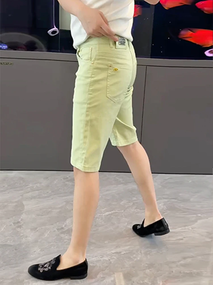 

Мужские летние повседневные прямые джинсовые шорты Ele European Sle из тонкого денима, однотонные, простые, длиной до колена