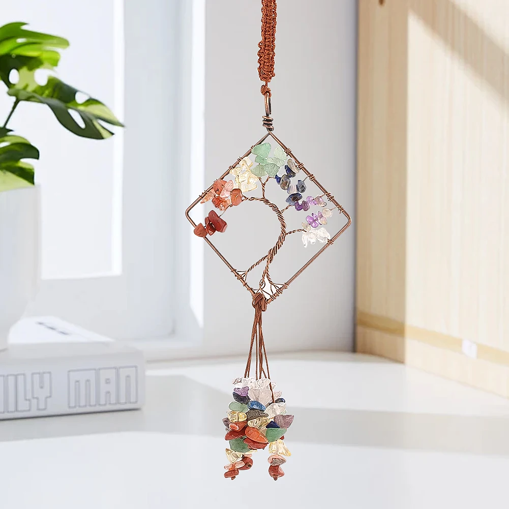 7 Chakras Quartz Crystal Stone Tree of Life Pendant Keychain Healing Meditation Hanging Car Pendant Yard Garden Wall Decoration