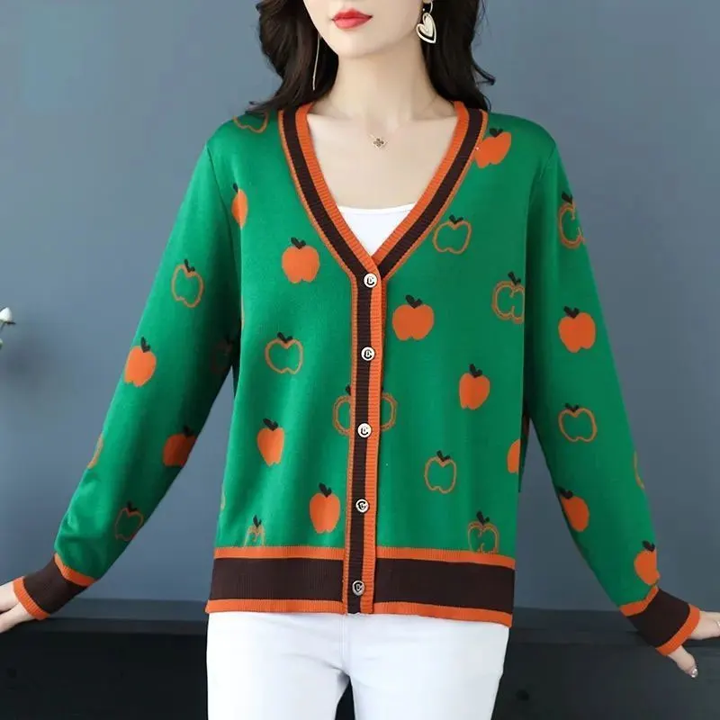 Female Clothing Fruits Spliced Knitted Cardigan Fashion Long Sleeve Autumn Winter Casual V-Neck Single-breasted Loose Sweaters