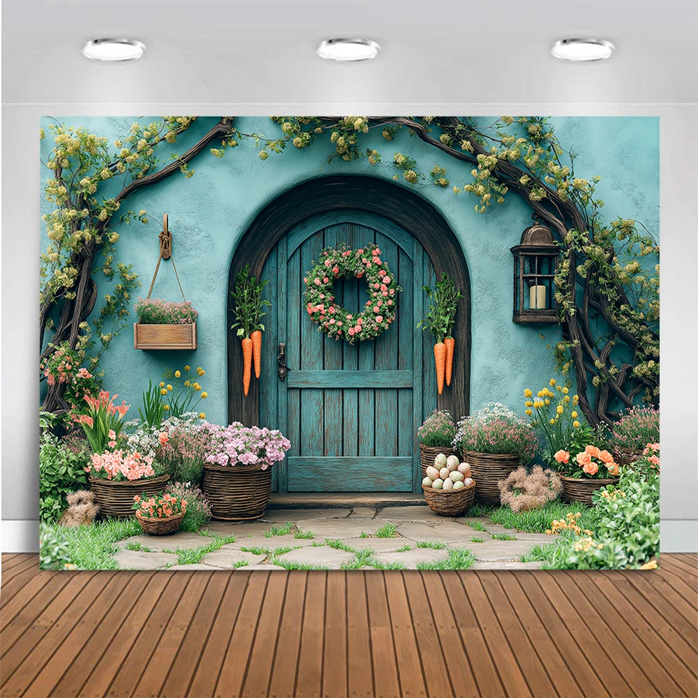 Easter Photography Backdrop Easter Egg Rabbit Blue Wooden Door Blooming Flowers And Plants Kids Party Decor Photography Studio