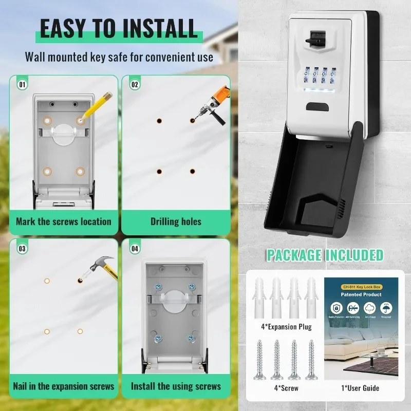 Outdoor Wall Mounted Key Safe Waterproof Lighted Security Lock Box 4 Digit Combination Security Key Storage Box for Home Garage