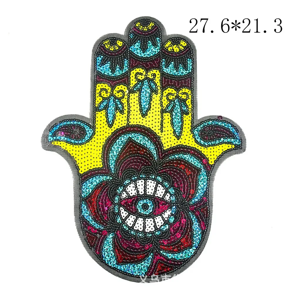 Sequin Hand of Fatima Embroidery Patches Large Size Evil Eye Sew on Applique for Clothing Accessories Sewing Supplies Bag Badge