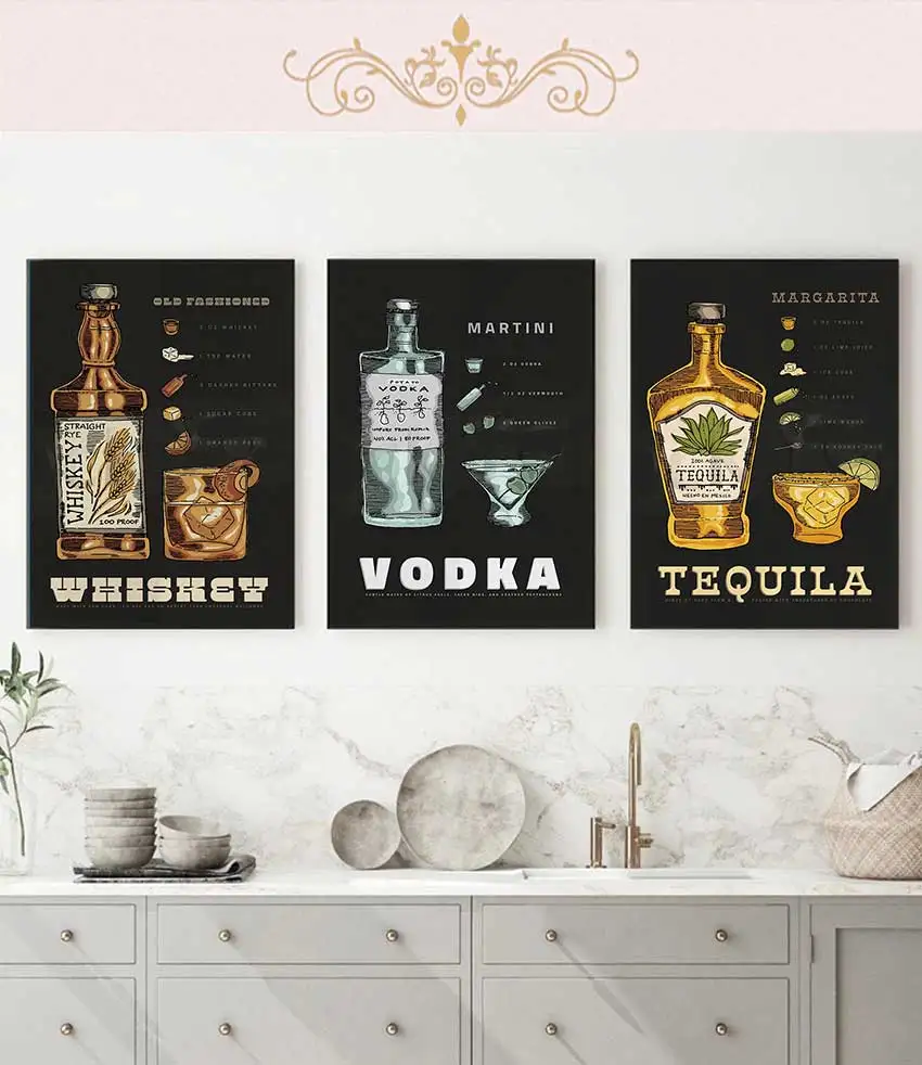 Gin Vodka Martini Whiskey Tequila Cocktail Art Print Poster, Bar Wall Decor Alcohol Beverage Canvas Art