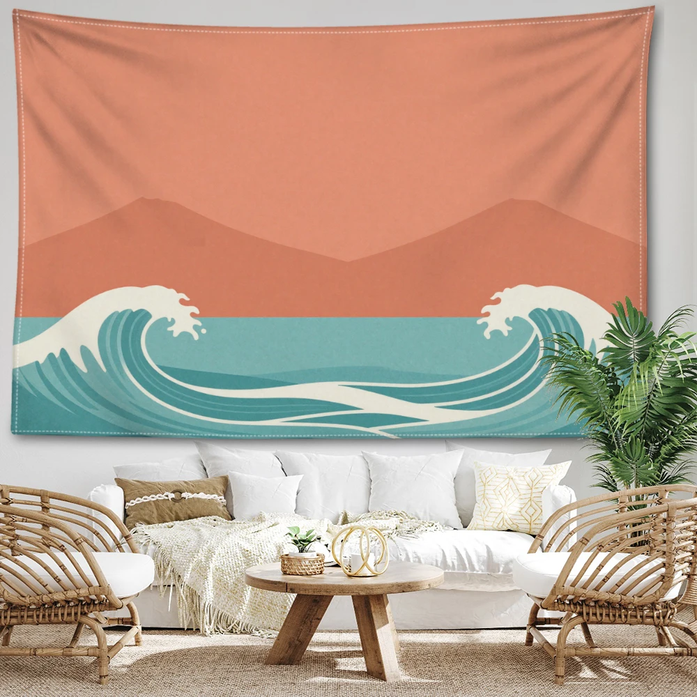 Warm Orange Distant Mountains Blue White Wave Wall Tapestry, Symmetrical Boho Decor