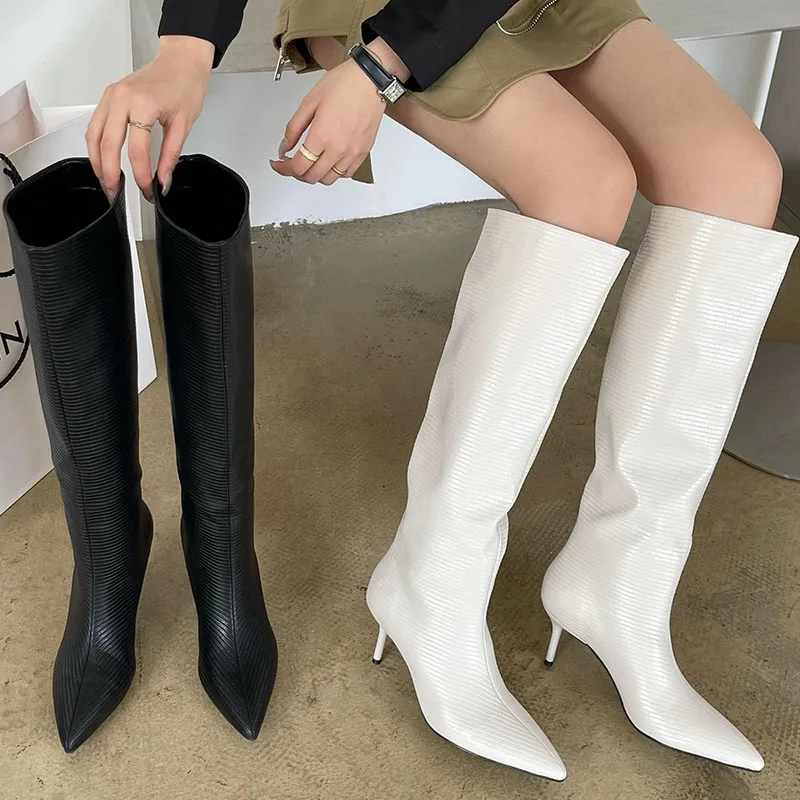 

Modern Women Knee High Boots Designer Fashion Pointed Toe Female Thin Low Heel Shoes Footwear Party Ladies Western Long Booties