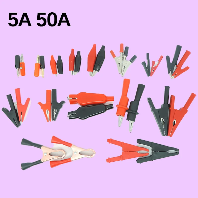 5/50A Black Red Alligator Crocodile Clips Insulated Handle Test Clamp lead Probe Connector Socket 4mm banana plug for Battery P2