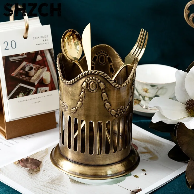 Practical Brass Tool Bucket Handmade, Multi-purpose Chopstick Caddy, Vintage Desk Storage Organizer for Kitchen Dining Table