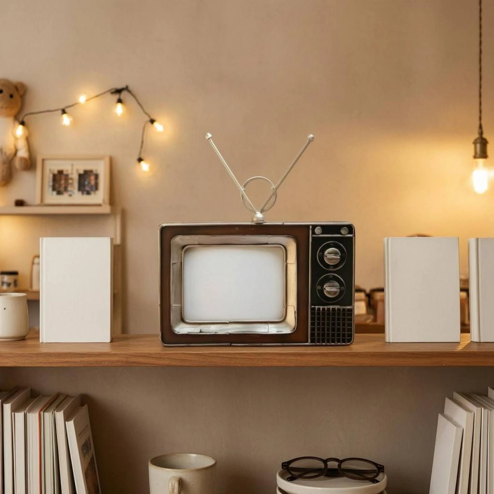 Retro TV Ornament Rabbit-Ear Antenna Vintage Television Decor Iron TV Decoration Long-Lasting Movie Night Ornament for Desk