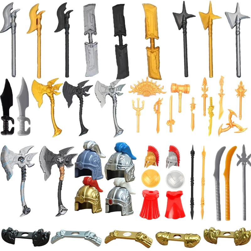 

MOC Medieval Military Building Blocks Anime Character Accessories Gold Weapon Tomahawk Sword Gun Helmet Toy Gift R053 Mini Brick
