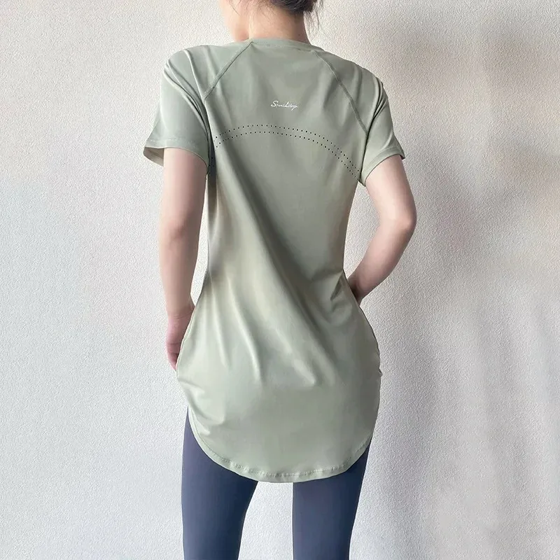 Ropa deportiva para mujer, ropa de Yoga para gimnasio 2025, camiseta de manga corta con cubierta para el trasero, Top deportivo de secado rápido, camiseta ajustada transpirable para correr