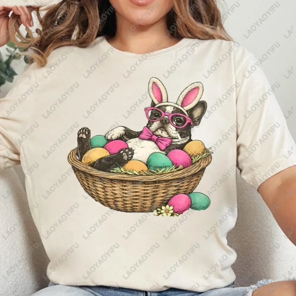 Boston Terrier Easter T-Shirt Vintage Rabbit Is Wearing Sunglasses in A Egg Basket Tee Funny Cute Breathable Pure Cotton Tops