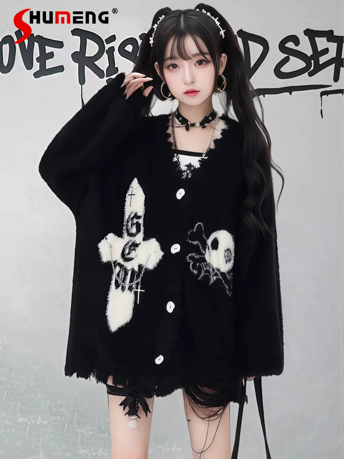 

Japanese Sweet Cool Subculture Purple Cardigan Sweater for Women Autumn V-neck Long Sleeve Loose Versatile Knitted Jacket Top