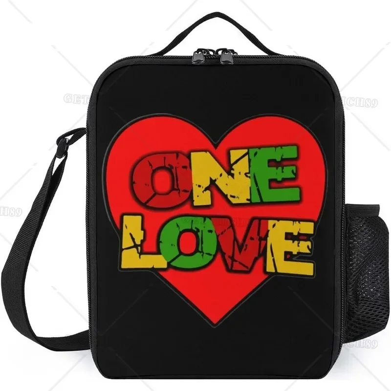 One Love Heart Portable Lunch with Pocket Tote Bag Reusable Insulated Lunch Box for Women Men Office Work Picnic Beach