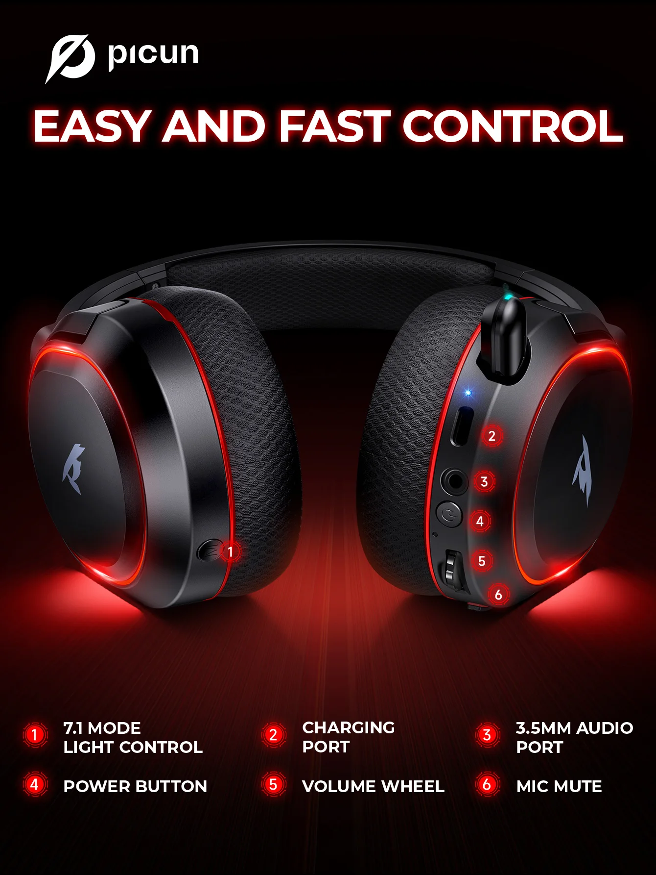 Picun G2 Wireless Gaming Headset Bluetooth 5.3 2,4G Kopfhörer 7.1 Surround 5ms ENC-Mikrofon mit geringer Latenz für PC PS4 PS5 Telefonschalter – Detail 7