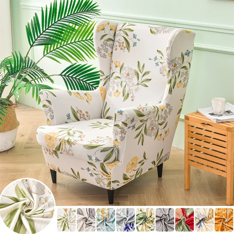 

2pcs/set Flower Print Wing Back Chair Cover Anti-dirt Wing Armchair Protector Covers with Seat Cushion Cover for Living Room