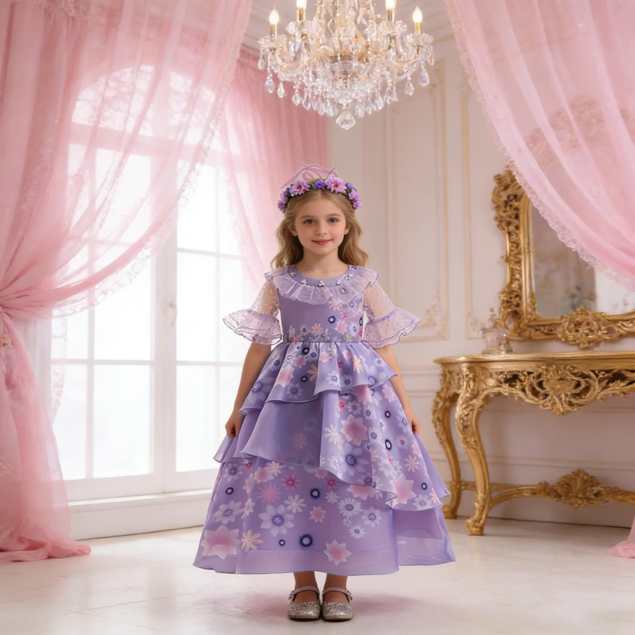 Girls Floral Princess Dress And Flower Headband 2pcs Sets For 3-12Yr Girls Mirabel  Fairy Costume Dress-up Carnival Party Charm