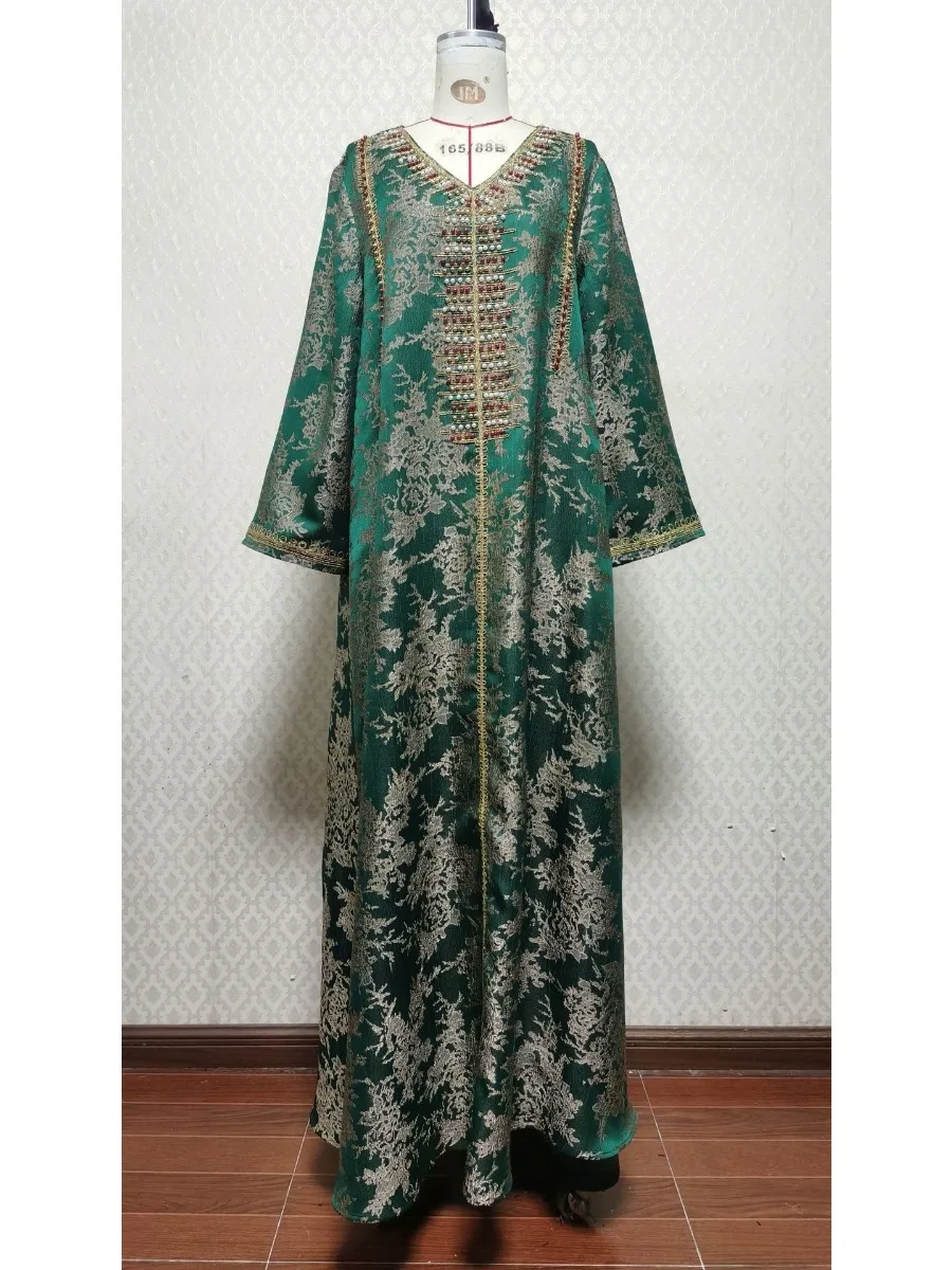 

Eid Muslim Dress Women Abaya Beading V Neck Long Dresses Vestidos Largos Party Caftan Jalabiya Ramadan Dubai Arab Long Robe 2025