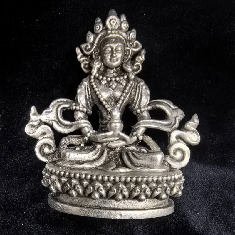 Vintage Silver Tone Tibetan Style Sitting Buddha Statue Oriental Religious Craft Figurine Desktop Decor Collectible Unisex Gift