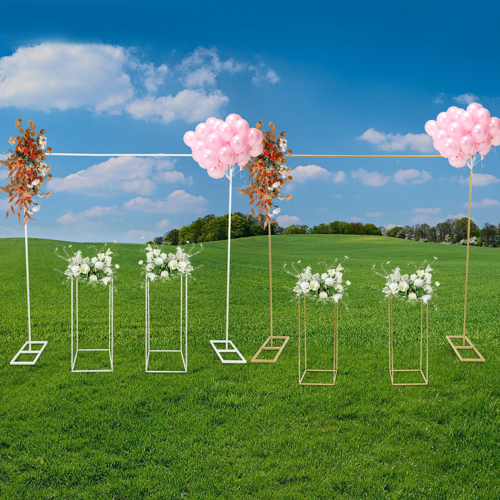 

Metal Wedding Arch Wedding Backdrop Stand with 2*2-Meter Wedding Stand and 2 Pieces of 27*27*80cm Square Flower Stands