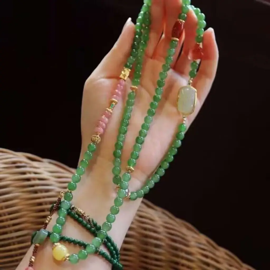 

Guofeng Natural Hetian Jade Necklace 108 Buddha Beads Sweater Chain Nanhong Beeswax Red Pattern Stone Pendant Gift for Friends