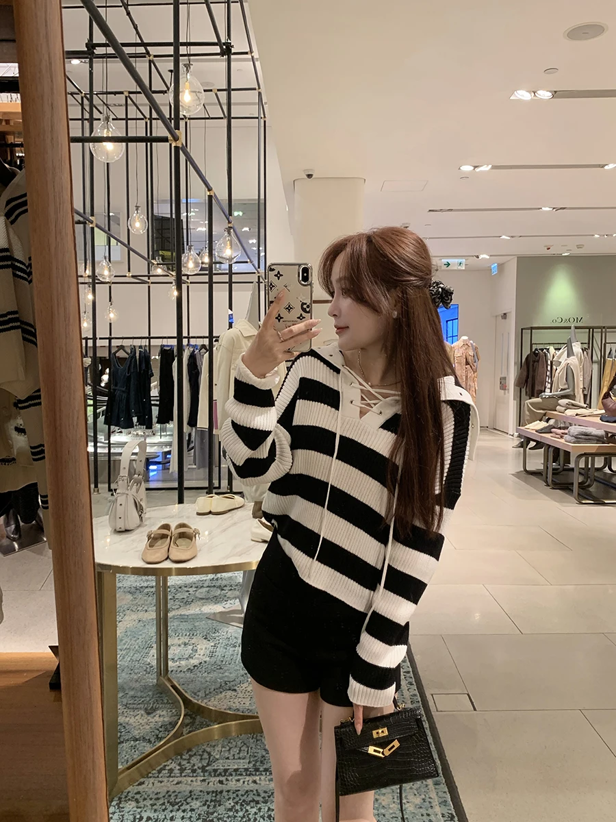 

Вязаный топ Yum Star с полосками, темно-синим воротником, из смесового хлопка и льна, с длинными рукавами, для женщин, для повседневной носки, стандартный крой