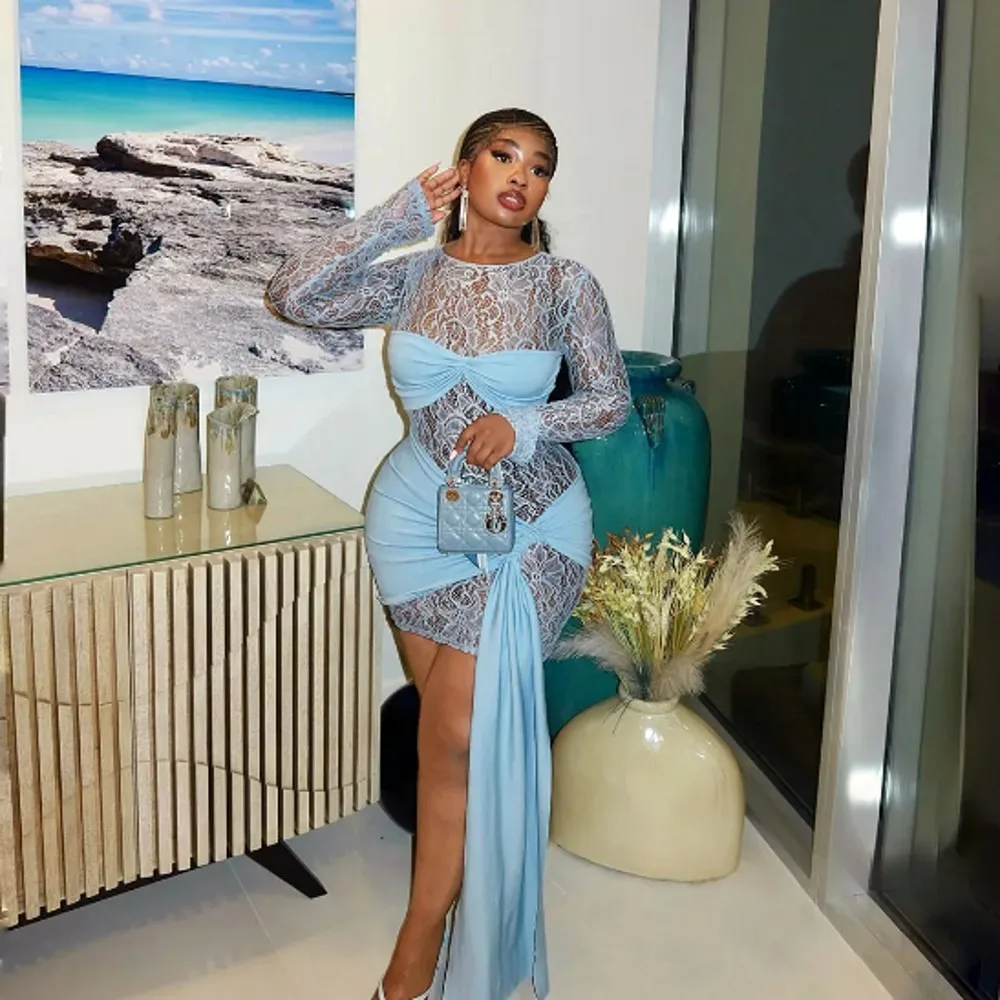 

Sky Blue Cocktail Dresses O Neck Lace Long Sleeves Prom Dress With Side Train Sexy Homecoming Gowns