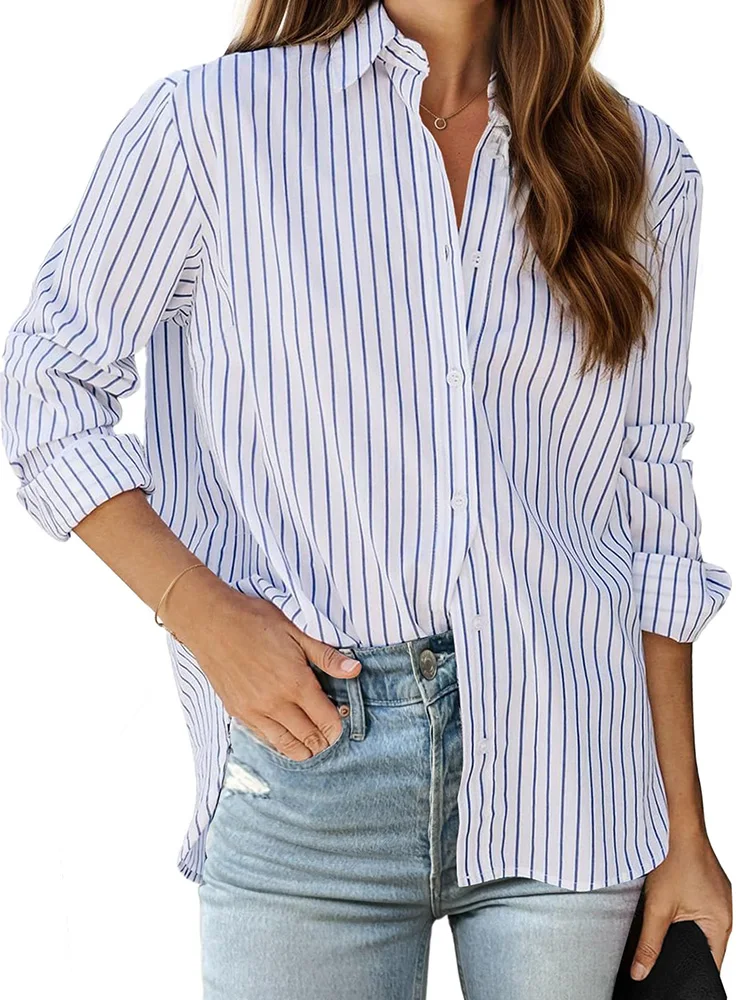 

Spring And Summer Daily Casual Striped Printed Long-Sleeved Shirts Urban Street Fashion V-Neck Button-Down Shirts Women's Shirts