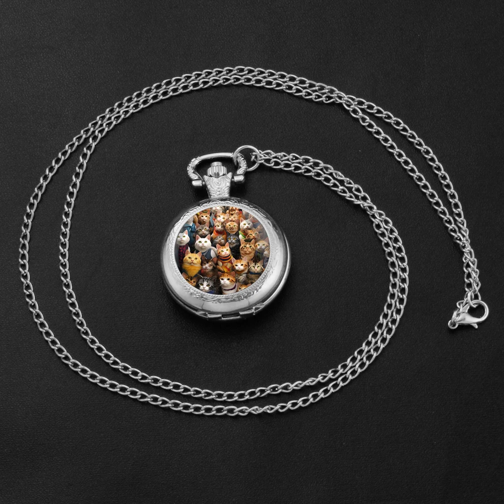 Leuke Katten Vintage Quartz Zakhorloge Vrouwen Mannen Glazen Koepel Ketting Unieke Hanger Zilveren Klok Horloge Kids Gift Accessoires