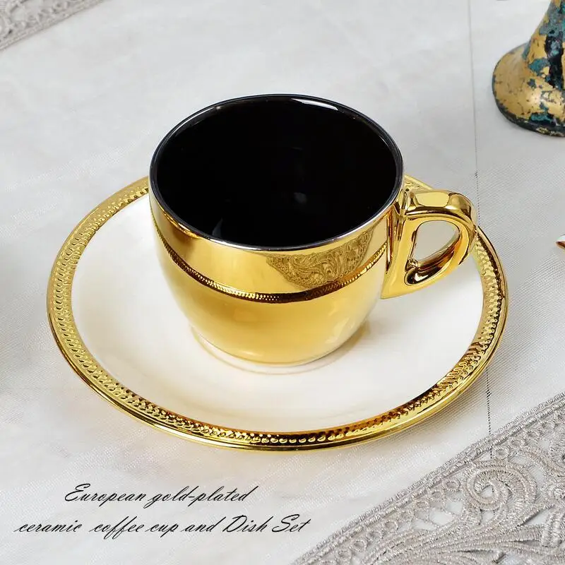 European style gold plated black glaze ceramic coffee cup and saucer set 200ml black tea cup  101-200ml