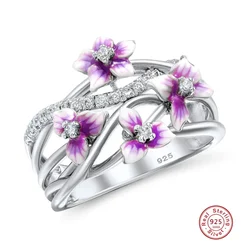 Authentic Silver Color Stackable Violet Drop Glue Ring Daisies Flower Zircon Finger Ring for Women Jewelry Gift Bijoux