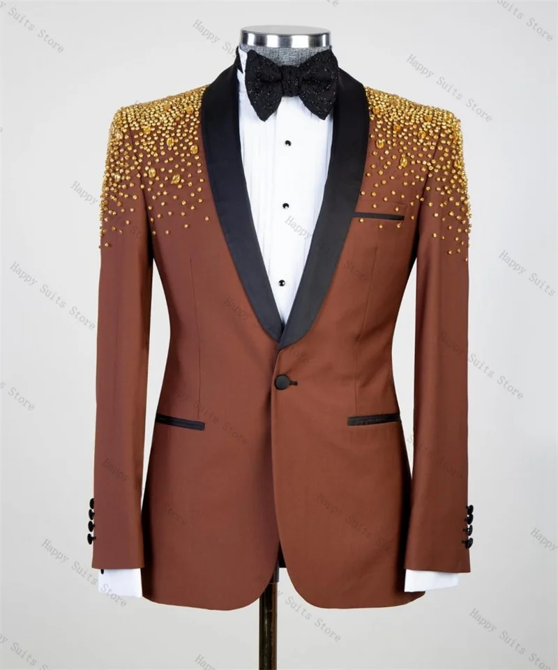 

Luxury Crystals Brown Men Suit Set 2 Piece Blazer+Black Pants Cotton Wedding Tuxedos Formal Office Business Customized Jacket