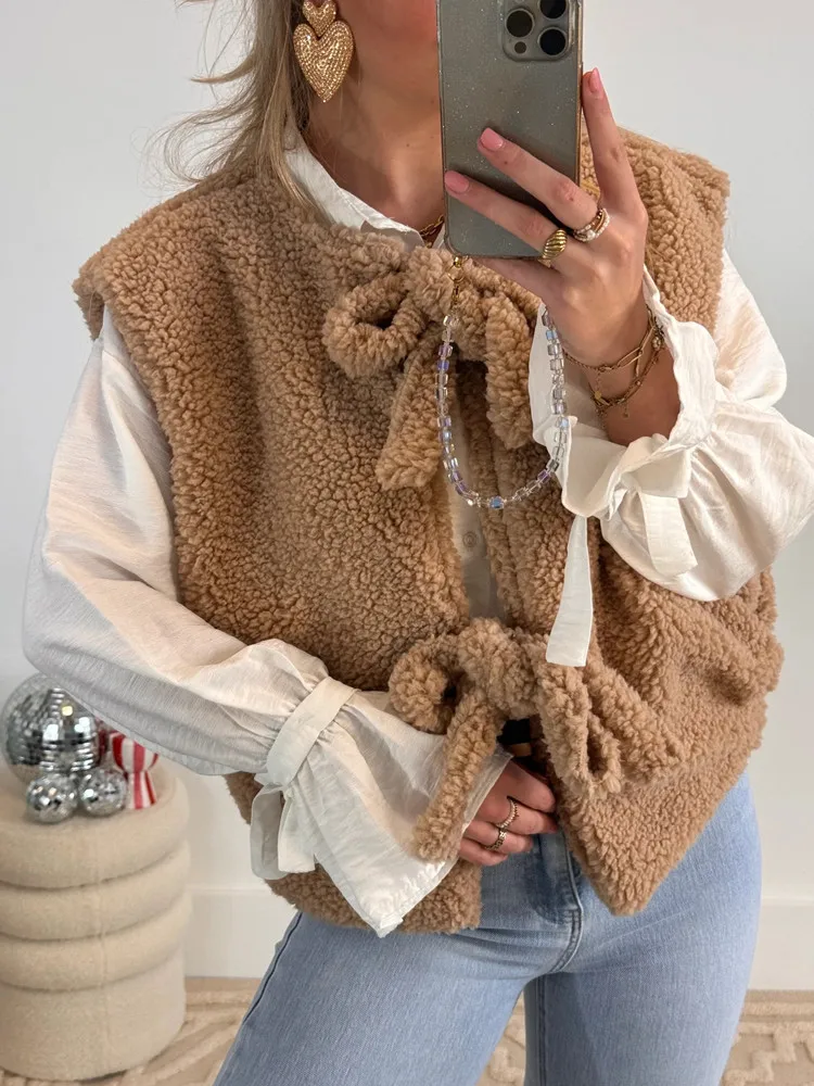 

Yangelo Y2K Vintage Granular Velvet Lace-up Vest Women's Fall Winter Warm Casual Waistcoats Fashion Crew Neck Streetwear