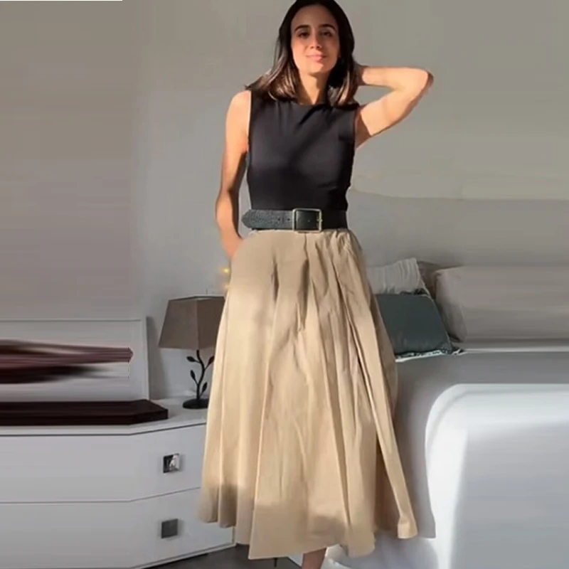 HXAO 2025 sukienki damskie bez rękawów Patchwork damskie eleganckie sukienki letni pasek długa sukienka damska plisowana sukienka Midi Tank