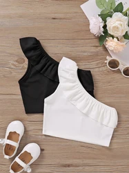 New Summer Girls Camisole 4-7Y European American Style Children's Ruffled One shoulder Thin Vest Kid's Summer Clothing