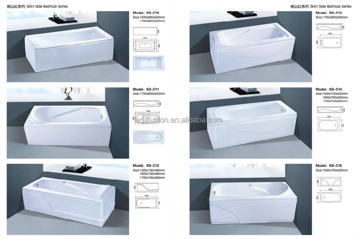 White Acrylic Bathtub Luxury Modern Style 1.5m Drop-In Apron Price 1200 1300 1500 1600 1700mm Sizes Drainer Bathroom