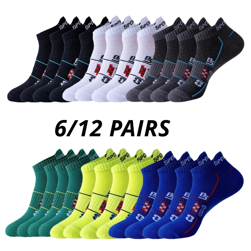 6/12 pares de calcetines deportivos de malla para correr para hombre, calcetines transpirables que absorben la humedad de corte bajo con bucles para las orejas, calcetines para parejas para todas las estaciones para hombres y mujeres