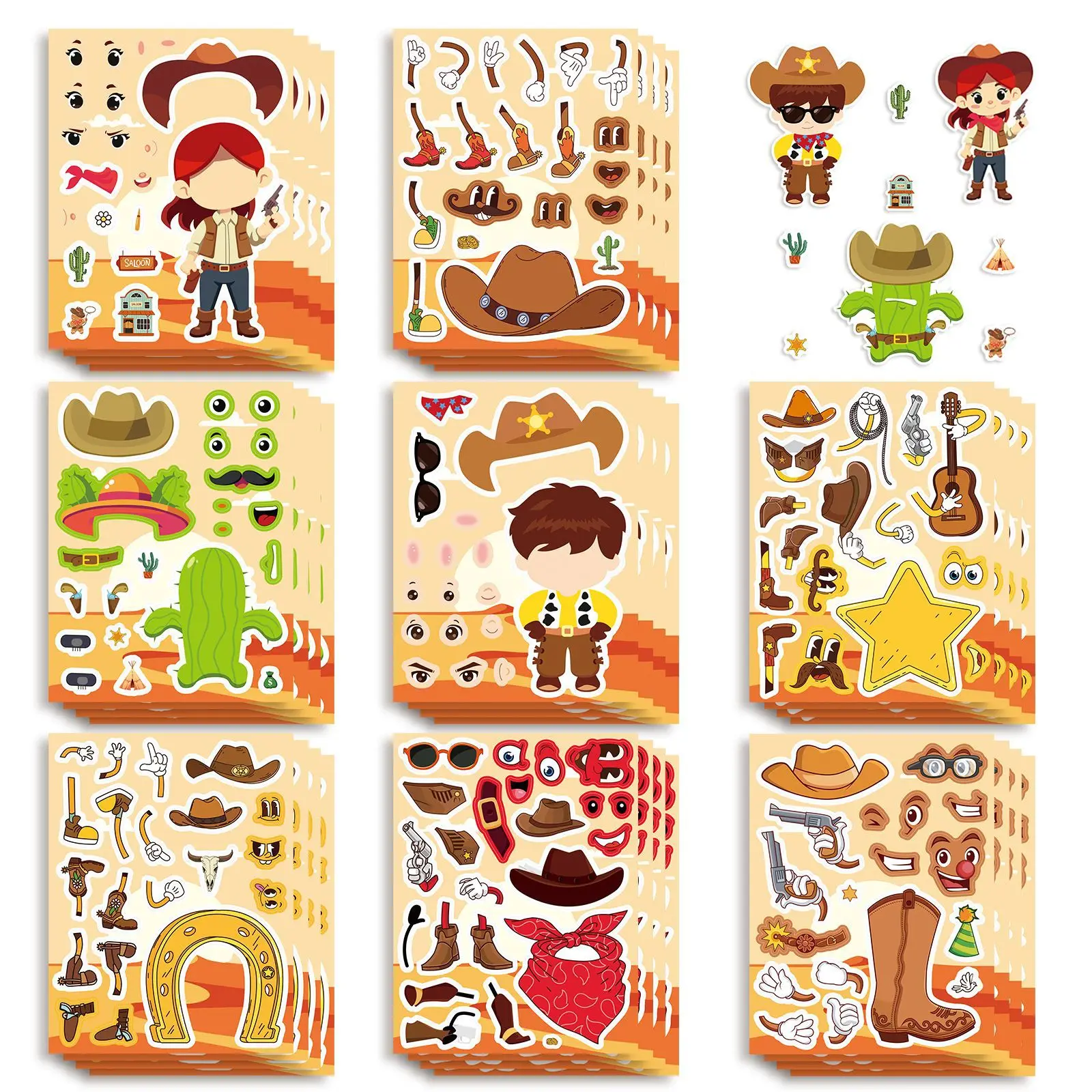 8PCS Western Cowboy Make a  Face Stickers Cartoon Character Assembly DIY Craft Party Favor Toy